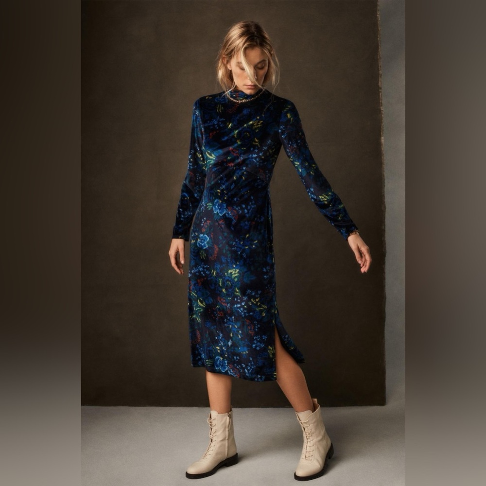 Anthropologie Maeve Constance‎ Velvet Midi Dress Blue Floral Long Sleeve Sz 1X